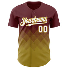 Load image into Gallery viewer, Custom Burgundy White-Old Gold 3D Gradient Square Shape Authentic Baseball Jersey