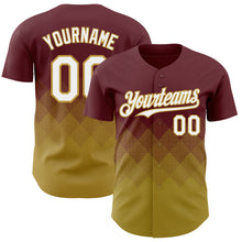 Load image into Gallery viewer, Custom Burgundy White-Old Gold 3D Gradient Square Shape Authentic Baseball Jersey