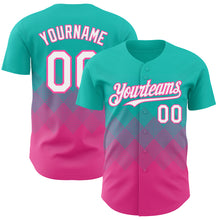 Load image into Gallery viewer, Custom Aqua White-Pink 3D Gradient Square Shape Authentic Baseball Jersey