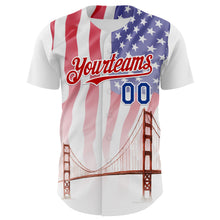 Load image into Gallery viewer, Custom White Royal-Red 3D Patriotic American Flag And Golden Gate Bridge Authentic Baseball Jersey