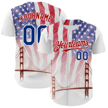 Load image into Gallery viewer, Custom White Royal-Red 3D Patriotic American Flag And Golden Gate Bridge Authentic Baseball Jersey