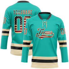 Load image into Gallery viewer, Custom Aqua Vintage USA Flag Cream-Black Hockey Lace Neck Jersey