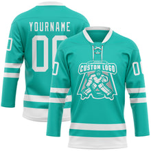 Load image into Gallery viewer, Custom Aqua White Hockey Lace Neck Jersey