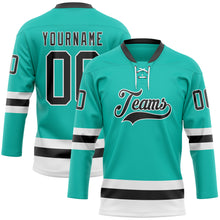 Load image into Gallery viewer, Custom Aqua Black-White Hockey Lace Neck Jersey