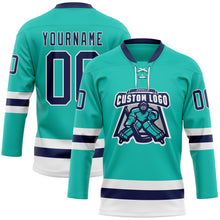 Load image into Gallery viewer, Custom Aqua Navy-White Hockey Lace Neck Jersey