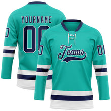 Load image into Gallery viewer, Custom Aqua Navy-White Hockey Lace Neck Jersey