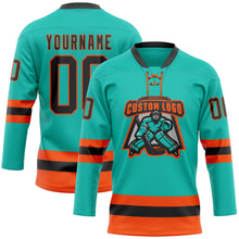 Load image into Gallery viewer, Custom Aqua Black-Orange Hockey Lace Neck Jersey