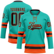 Load image into Gallery viewer, Custom Aqua Black-Orange Hockey Lace Neck Jersey