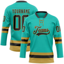 Load image into Gallery viewer, Custom Aqua Black-Old Gold Hockey Lace Neck Jersey