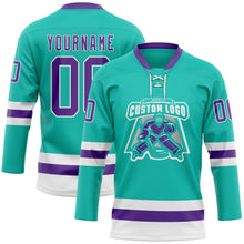 Load image into Gallery viewer, Custom Aqua Purple-White Hockey Lace Neck Jersey