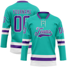 Load image into Gallery viewer, Custom Aqua Purple-White Hockey Lace Neck Jersey