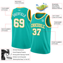 Load image into Gallery viewer, Custom Aqua White-Gold Authentic Basketball Jersey