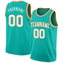 Load image into Gallery viewer, Custom Aqua White-Old Gold Authentic Basketball Jersey