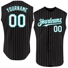 Load image into Gallery viewer, Custom Black White Pinstripe Teal Authentic Sleeveless Baseball Jersey