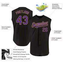 Load image into Gallery viewer, Custom Black Old Gold Pinstripe Purple Authentic Sleeveless Baseball Jersey