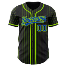 Load image into Gallery viewer, Custom Black Neon Green Pinstripe Thunder Blue Authentic Baseball Jersey