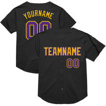 Load image into Gallery viewer, Custom Black Purple-Gold Mesh Authentic Throwback Baseball Jersey
