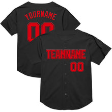 Load image into Gallery viewer, Custom Black Fire Red Mesh Authentic Throwback Baseball Jersey