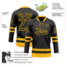 Load image into Gallery viewer, Custom Black Gold Hockey Lace Neck Jersey