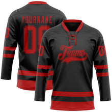Load image into Gallery viewer, Custom Black Red Hockey Lace Neck Jersey
