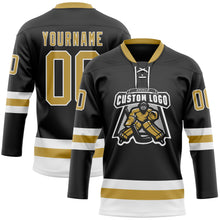 Load image into Gallery viewer, Custom Black Old Gold-White Hockey Lace Neck Jersey