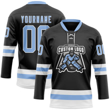 Load image into Gallery viewer, Custom Black Light Blue-White Hockey Lace Neck Jersey