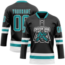 Load image into Gallery viewer, Custom Black Teal-White Hockey Lace Neck Jersey