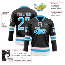 Load image into Gallery viewer, Custom Black Sky Blue-White Hockey Lace Neck Jersey