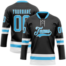 Load image into Gallery viewer, Custom Black Sky Blue-White Hockey Lace Neck Jersey