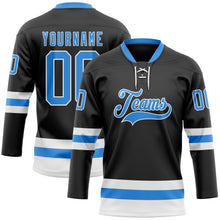 Load image into Gallery viewer, Custom Black Powder Blue-White Hockey Lace Neck Jersey