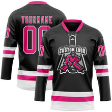 Load image into Gallery viewer, Custom Black Hot Pink-White Hockey Lace Neck Jersey