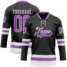 Load image into Gallery viewer, Custom Black Medium Purple-White Hockey Lace Neck Jersey