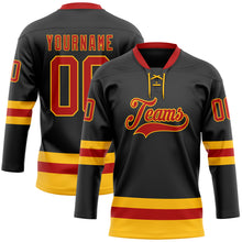 Load image into Gallery viewer, Custom Black Red-Gold Hockey Lace Neck Jersey