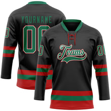 Load image into Gallery viewer, Custom Black Kelly Green-Red Hockey Lace Neck Jersey