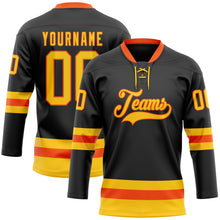 Load image into Gallery viewer, Custom Black Yellow-Orange Hockey Lace Neck Jersey