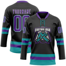 Load image into Gallery viewer, Custom Black Purple-Teal Hockey Lace Neck Jersey