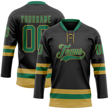 Load image into Gallery viewer, Custom Black Kelly Green-Old Gold Hockey Lace Neck Jersey