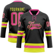 Load image into Gallery viewer, Custom Black Pink-Neon Yellow Hockey Lace Neck Jersey