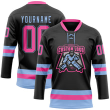 Load image into Gallery viewer, Custom Black Pink-Light Blue Hockey Lace Neck Jersey