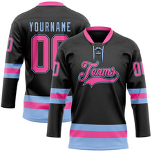 Load image into Gallery viewer, Custom Black Pink-Light Blue Hockey Lace Neck Jersey