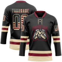 Load image into Gallery viewer, Custom Black Vintage USA Flag Cream-Crimson Hockey Lace Neck Jersey