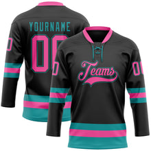 Load image into Gallery viewer, Custom Black Pink-Teal Hockey Lace Neck Jersey