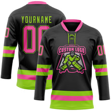 Load image into Gallery viewer, Custom Black Pink-Neon Green Hockey Lace Neck Jersey