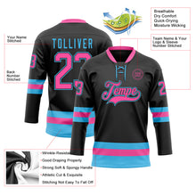Load image into Gallery viewer, Custom Black Pink-Sky Blue Hockey Lace Neck Jersey