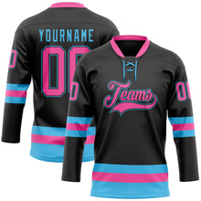 Load image into Gallery viewer, Custom Black Pink-Sky Blue Hockey Lace Neck Jersey