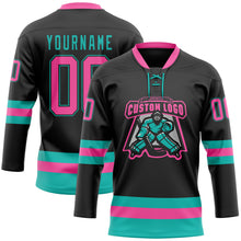 Load image into Gallery viewer, Custom Black Pink-Aqua Hockey Lace Neck Jersey