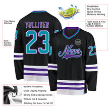 Load image into Gallery viewer, Custom Black Teal-Purple Hockey Jersey