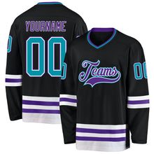 Load image into Gallery viewer, Custom Black Teal-Purple Hockey Jersey