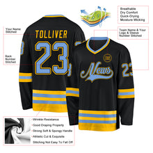 Load image into Gallery viewer, Custom Black Light Blue-Gold Hockey Jersey