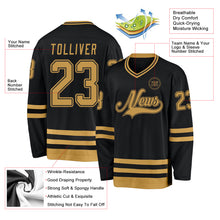 Load image into Gallery viewer, Custom Black Old Gold Hockey Jersey